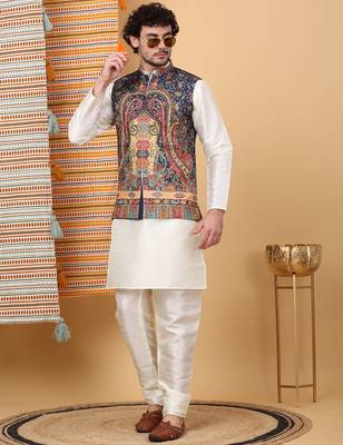 Men silk blend navy blue paisley kashmiri printed nehru jacket 4