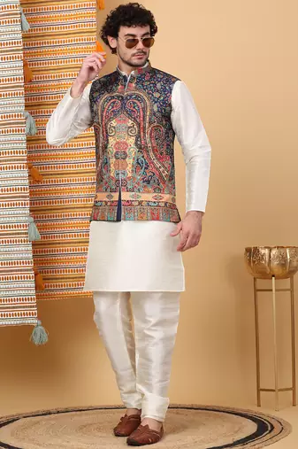 Men silk blend navy blue paisley kashmiri printed nehru jacket