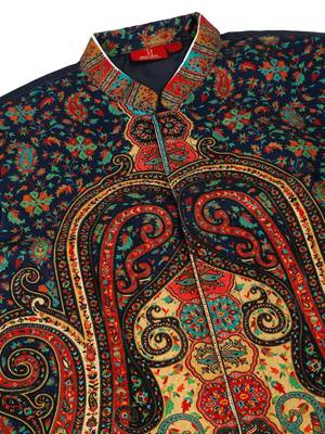 Men silk blend navy blue paisley kashmiri printed nehru jacket 5