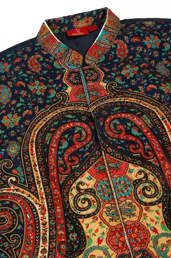 Men silk blend navy blue paisley kashmiri printed nehru jacket