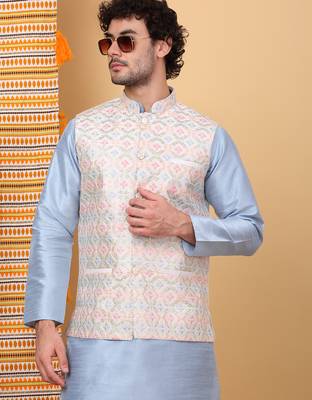 Men silk blend cream floral embroidered nehru jacket 1