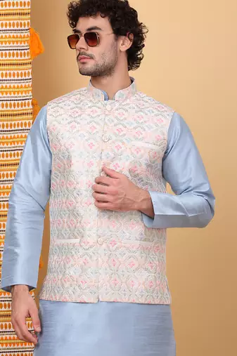 Men silk blend cream floral embroidered nehru jacket