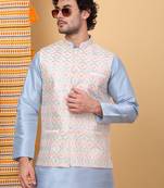 Men silk blend cream floral embroidered nehru jacket