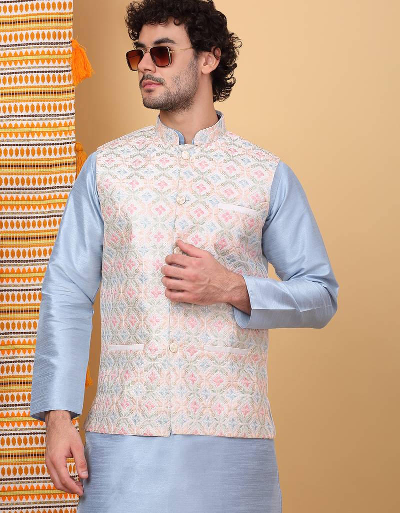 Men silk blend cream floral embroidered nehru jacket