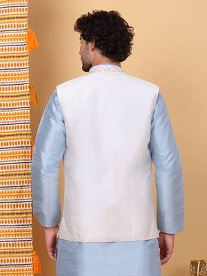 Men silk blend cream floral embroidered nehru jacket 3