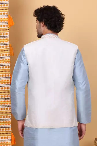 Men silk blend cream floral embroidered nehru jacket