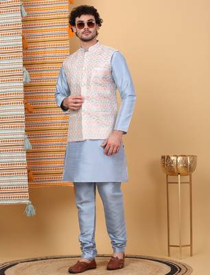 Men silk blend cream floral embroidered nehru jacket 4