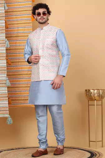 Men silk blend cream floral embroidered nehru jacket