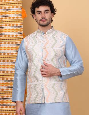 Men silk blend cream chevron embroidered nehru jacket 1
