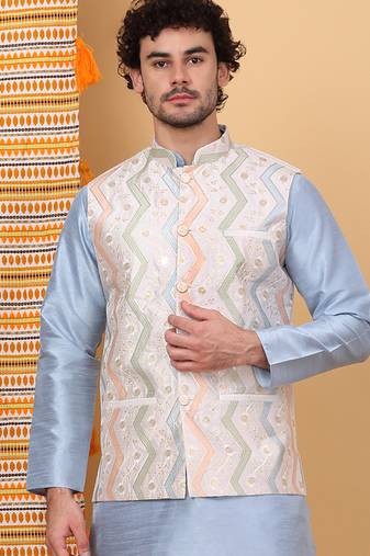 Men silk blend cream chevron embroidered nehru jacket