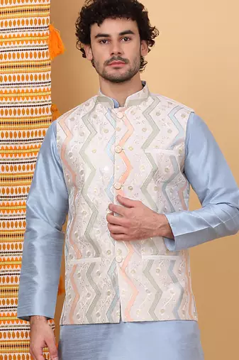 Men silk blend cream chevron embroidered nehru jacket