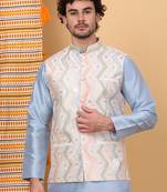 Men silk blend cream chevron embroidered nehru jacket