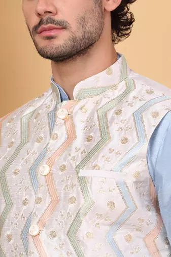 Men silk blend cream chevron embroidered nehru jacket
