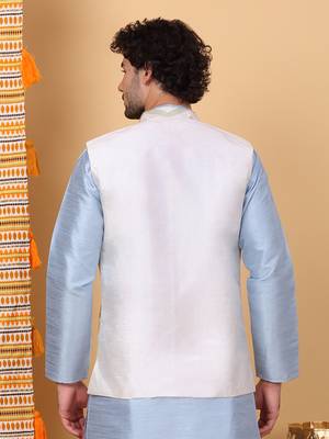 Men silk blend cream chevron embroidered nehru jacket 3