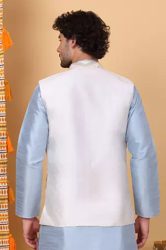 Men silk blend cream chevron embroidered nehru jacket