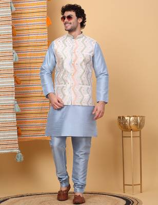 Men silk blend cream chevron embroidered nehru jacket 4