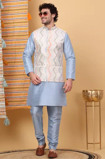 Men silk blend cream chevron embroidered nehru jacket