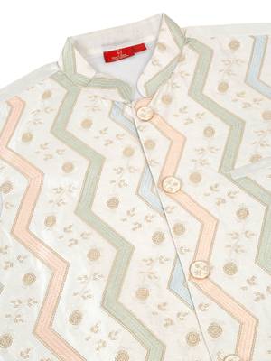 Men silk blend cream chevron embroidered nehru jacket 5