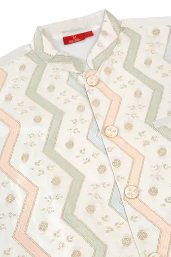 Men silk blend cream chevron embroidered nehru jacket