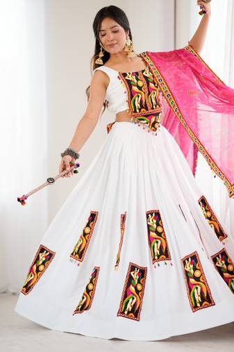 White Multicolor Thread Work Rayon Fully Stitched Lehenga Choli with Dupatta