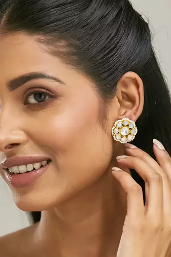 22k gold-plated elegant kundan studded & pearls beaded floral studs