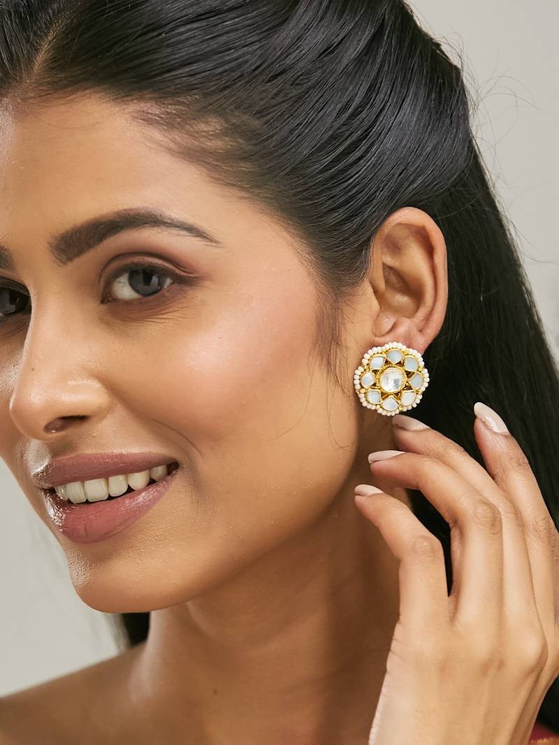 22k gold-plated elegant kundan studded & pearls beaded floral studs