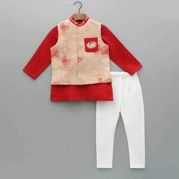 Red kurta with beidge geometrical printed bundi jacket with hand embroided with pajama set for boys 1
