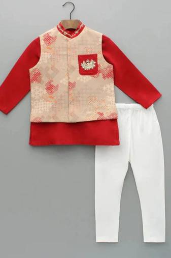 Red kurta with beidge geometrical printed bundi jacket with hand embroided with pajama set for boys