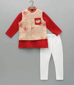 Red kurta with beidge geometrical printed bundi jacket with hand embroided with pajama set for boys