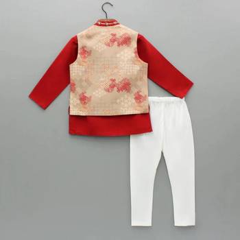 Red kurta with beidge geometrical printed bundi jacket with hand embroided with pajama set for boys 2