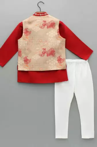 Red kurta with beidge geometrical printed bundi jacket with hand embroided with pajama set for boys