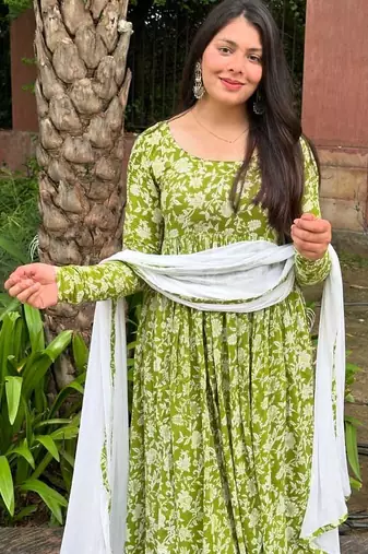 Elegant Green Floral Anarkali Suit with Dupatta