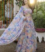 Baby Pink printed Georgette Lehenga Blouse With Dupatta