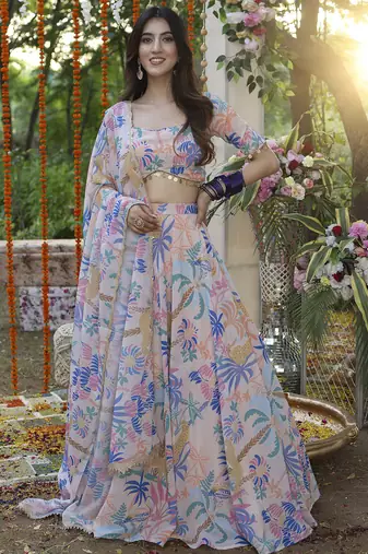 Baby Pink printed Georgette Lehenga Blouse With Dupatta