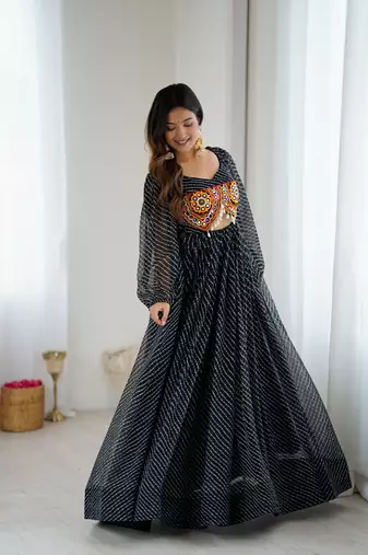 Ethnic black bandhej gown in tabby silk with thread chain stitch embroidery – navratri special