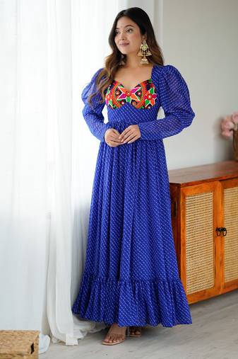 Blue tabby silk gown with traditional chain stitch embroidery & bandhani print – navratri festive wear