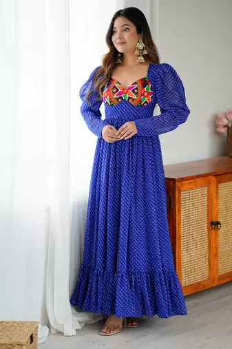 Blue tabby silk gown with traditional chain stitch embroidery & bandhani print – navratri festive wear