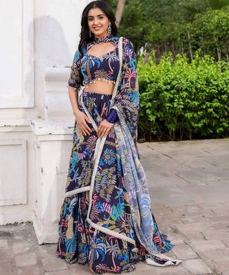 Navy Blue printed Georgette Lehenga Blouse With Dupatta 1
