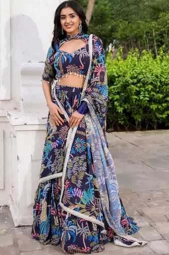 Navy Blue printed Georgette Lehenga Blouse With Dupatta