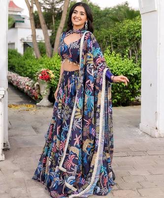 Navy Blue printed Georgette Lehenga Blouse With Dupatta 2