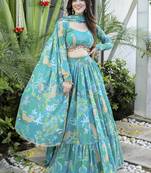 Blue printed Georgette Lehenga Blouse With Dupatta