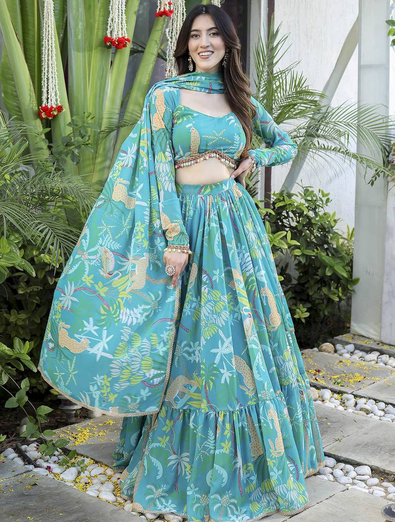 Blue printed Georgette Lehenga Blouse With Dupatta
