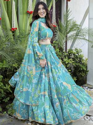 Blue printed Georgette Lehenga Blouse With Dupatta 2