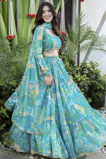 Blue printed Georgette Lehenga Blouse With Dupatta