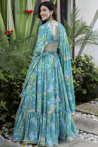 Blue printed Georgette Lehenga Blouse With Dupatta