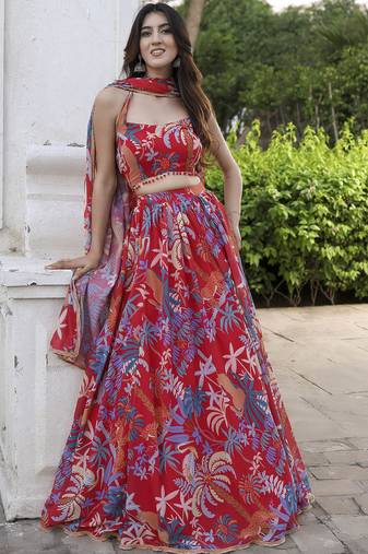 Red printed Georgette Lehenga Blouse With Dupatta