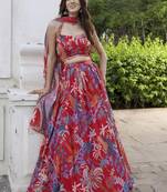 Red printed Georgette Lehenga Blouse With Dupatta