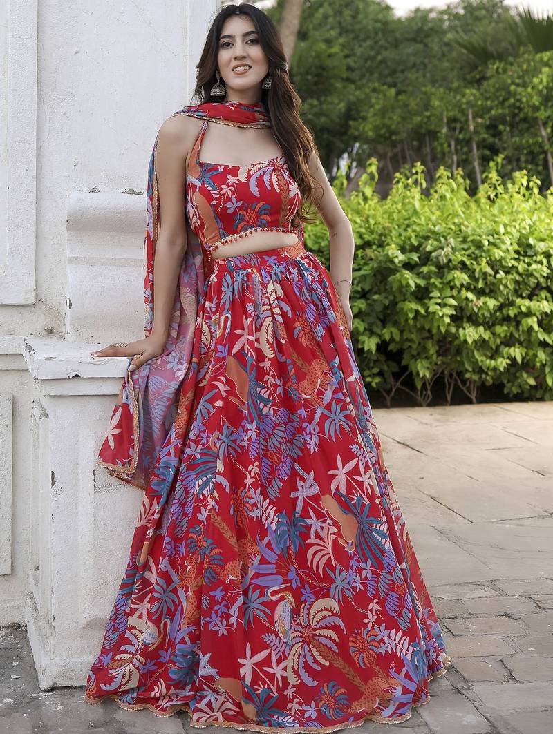 Red printed Georgette Lehenga Blouse With Dupatta