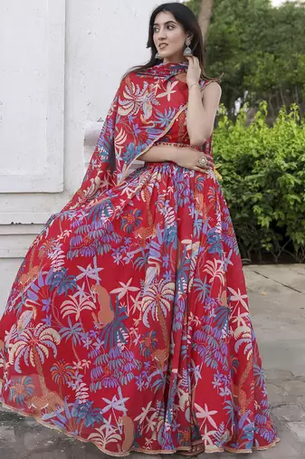Red printed Georgette Lehenga Blouse With Dupatta