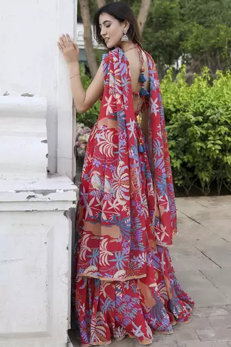 Red printed Georgette Lehenga Blouse With Dupatta